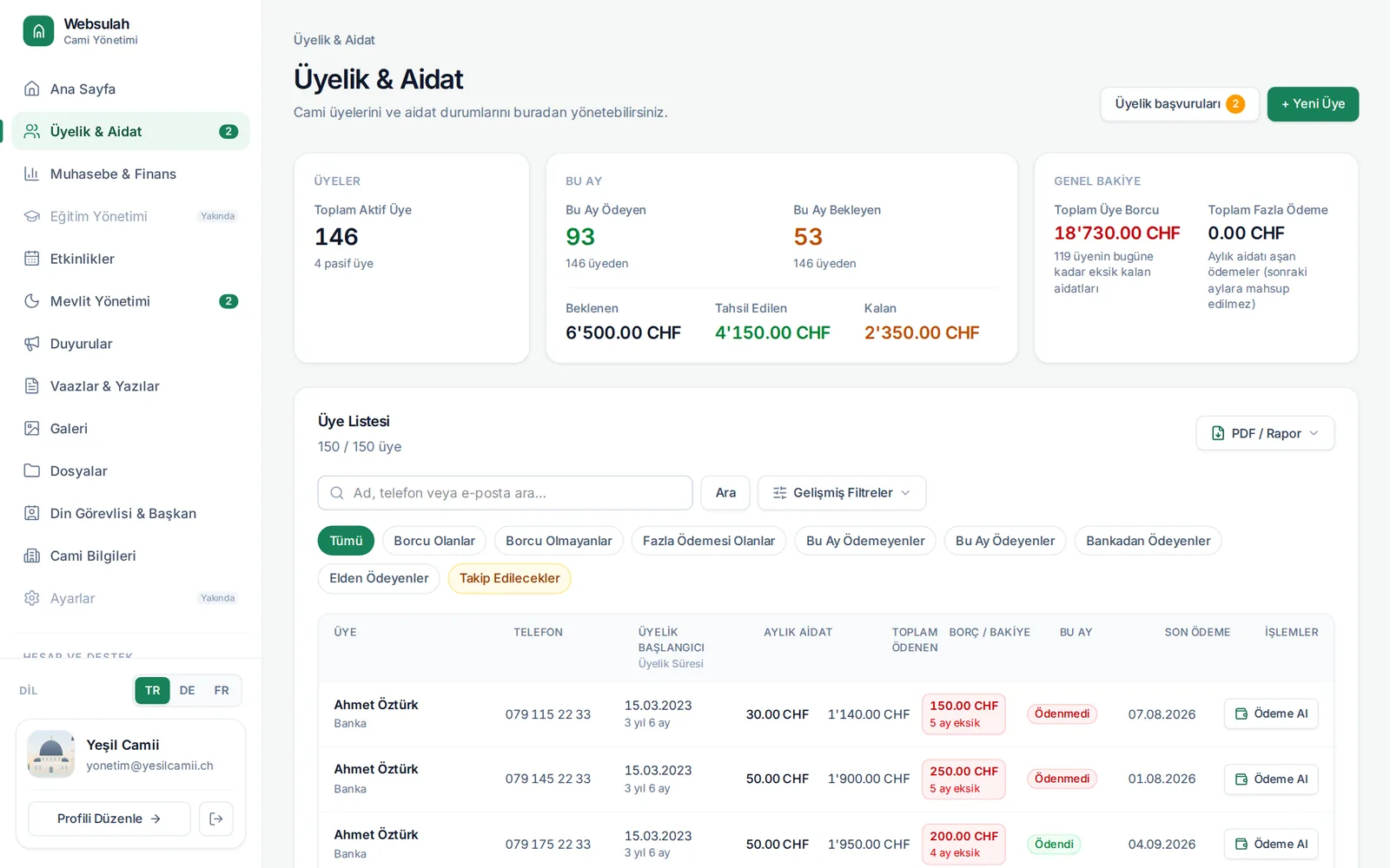 WEBSULAH yönetim paneli: Üyelik & Aidat ekranı