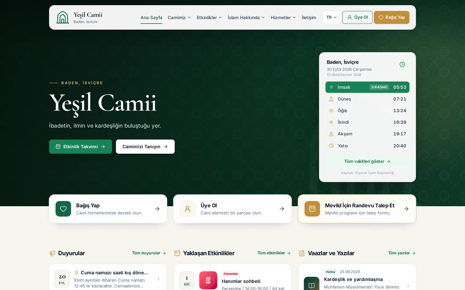 Örnek bir caminin web sitesi (masaüstü)